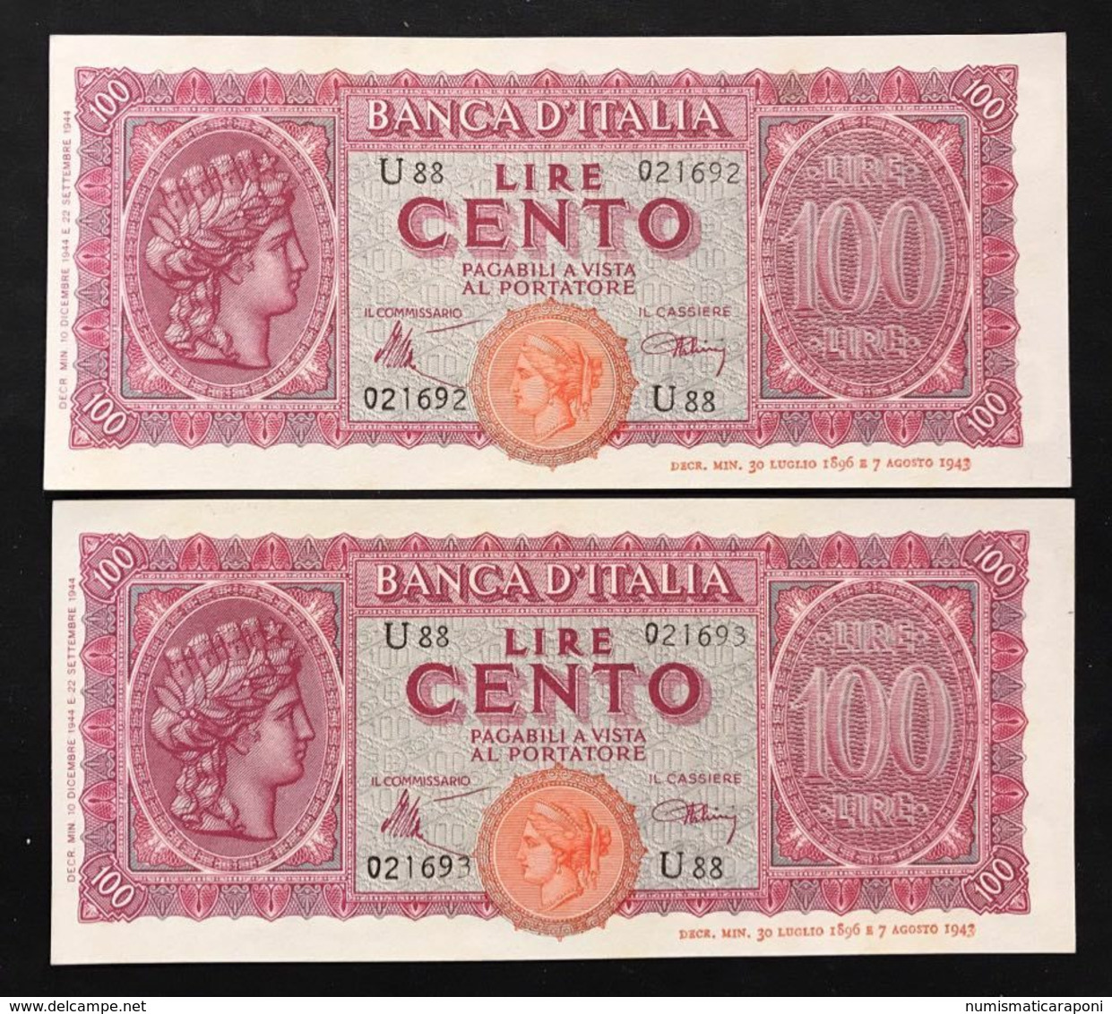 100 Lire Italia Turrita 10 12 1944 LUOGOTENENZA FDS LOTTO DI 2 PEZZI CONSECUTIVI LOTTO 1071 - 100 Liras