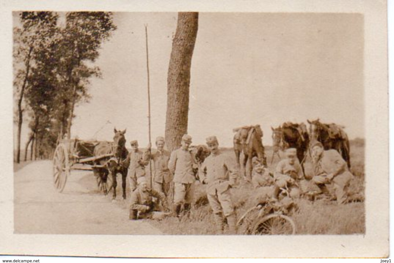 Photo Poilus Dans La Campagne Avec Chevaux Et Vélos Format 4,5/7 - Guerre, Militaire