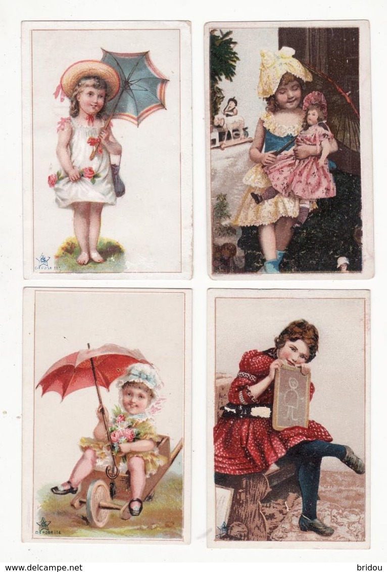 Chromo  CHICOREE BELLE JARDINIERE    Lot De 4    Enfants, Poupée, Parapluie, Brouette Etc     13.9 X 7.8 Cm - Other & Unclassified