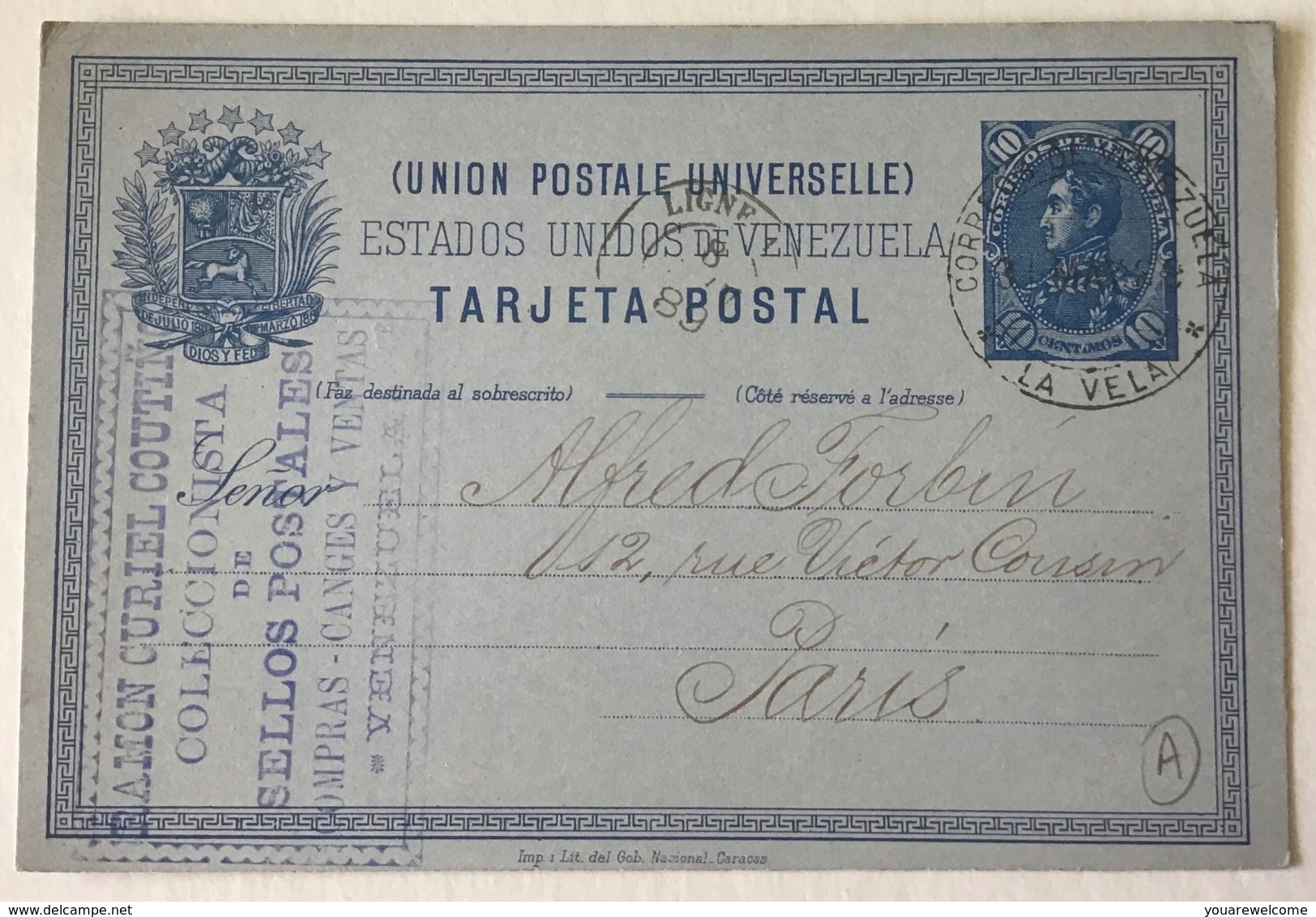 Venezuela „LA VELA 1889“ Ramon Curiel Coutiño EARLY STAMP DEALER Postal Stationery 10c>Forbin Paris(marchand De Timbres - Venezuela