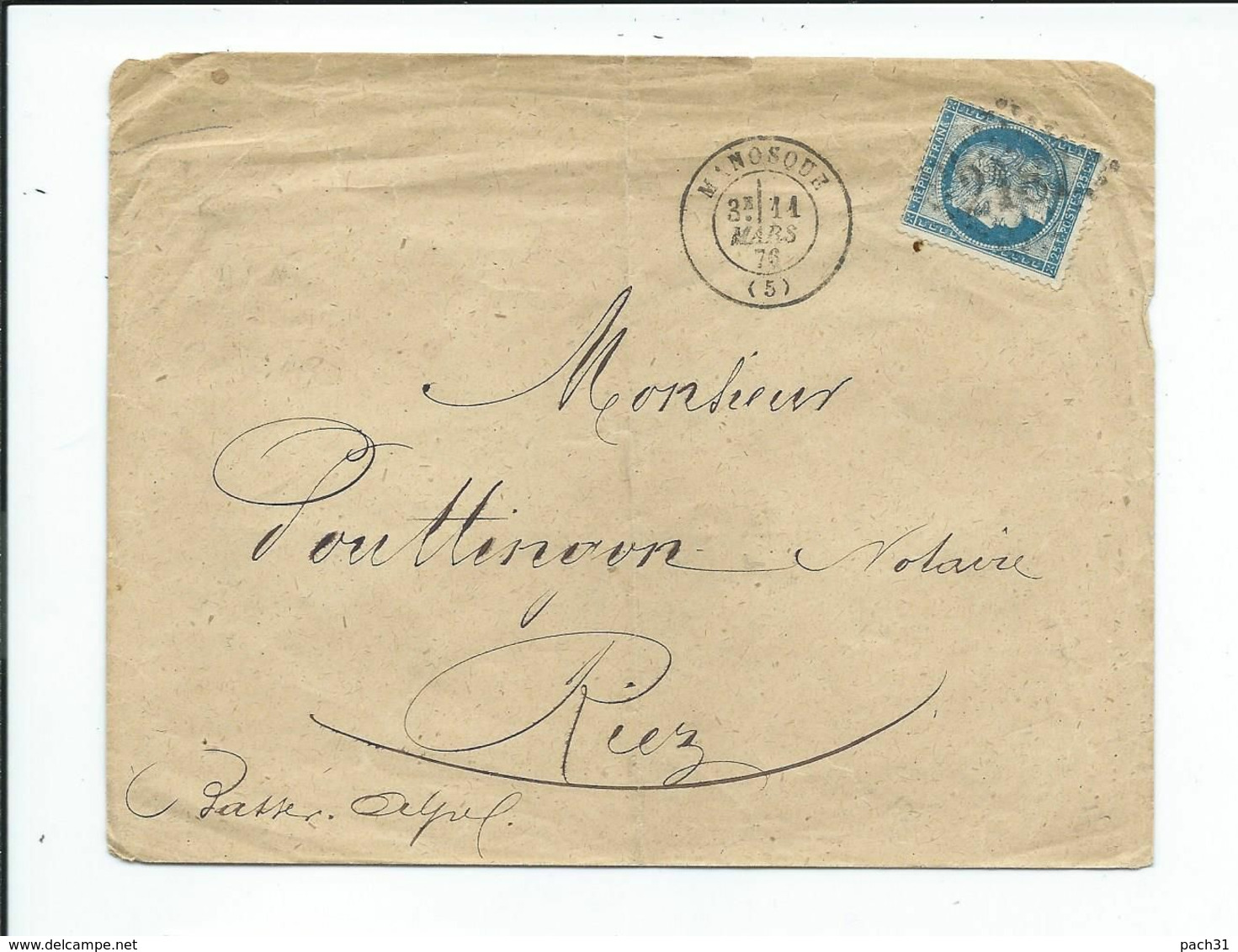 N° YT 60A Sur Lettre De Manosque Pour Riez 1876 - 1849-1876: Période Classique