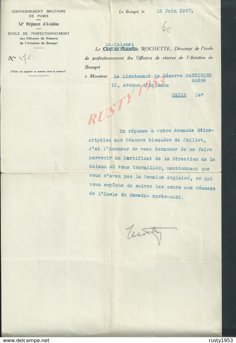 AVIATION MILITARIA DOCUMENT GOUVERNEMENT MILITAIRE DE PARIS 34e Rég Lt COLONNEL ROCHETTE D AVIATION LE BOURGET 1931 : - Aviation