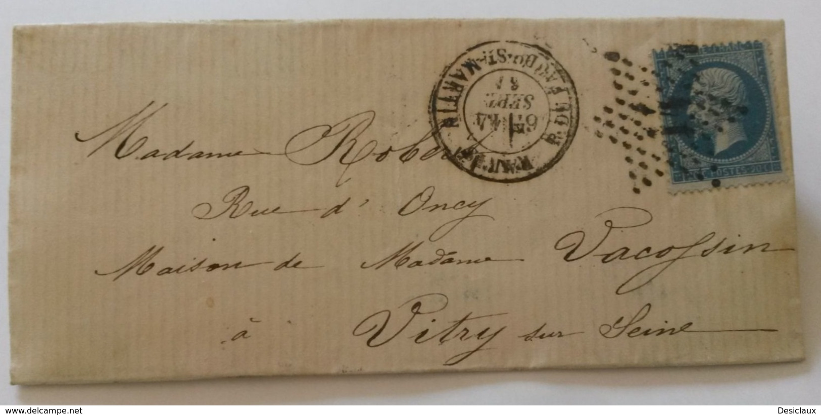 LAC De Paris Rue Du Faubourg St Martin  à Vitry Sur Seine Obl. étoile 14 Sur N°22. TB. Au Verso Cad Arrivée Type 16 - 1849-1876: Période Classique
