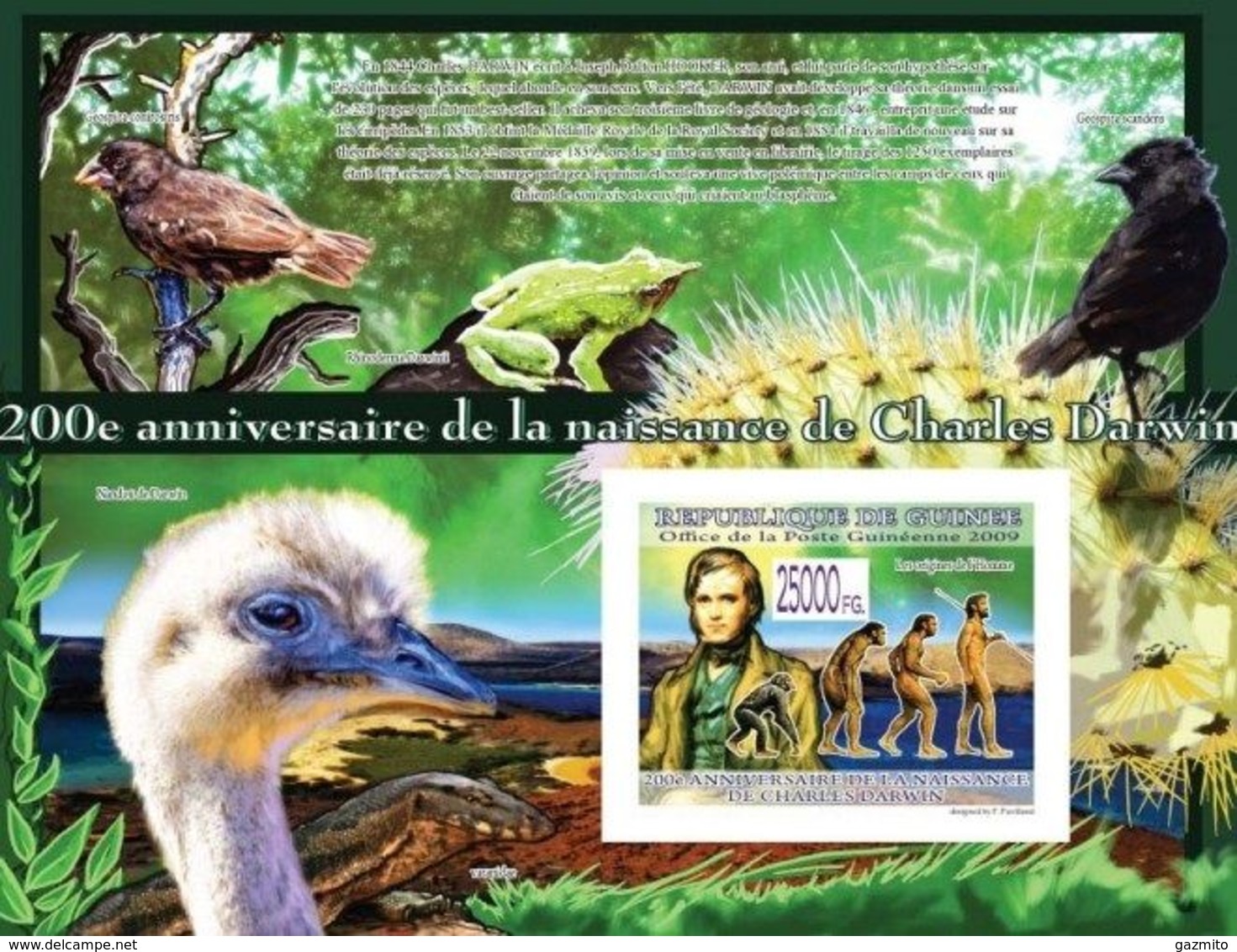 Guinea 2009, 200th Darwin I, Frog, Prehistoric Man, Birds, BF IMPERFORATED - Struzzi
