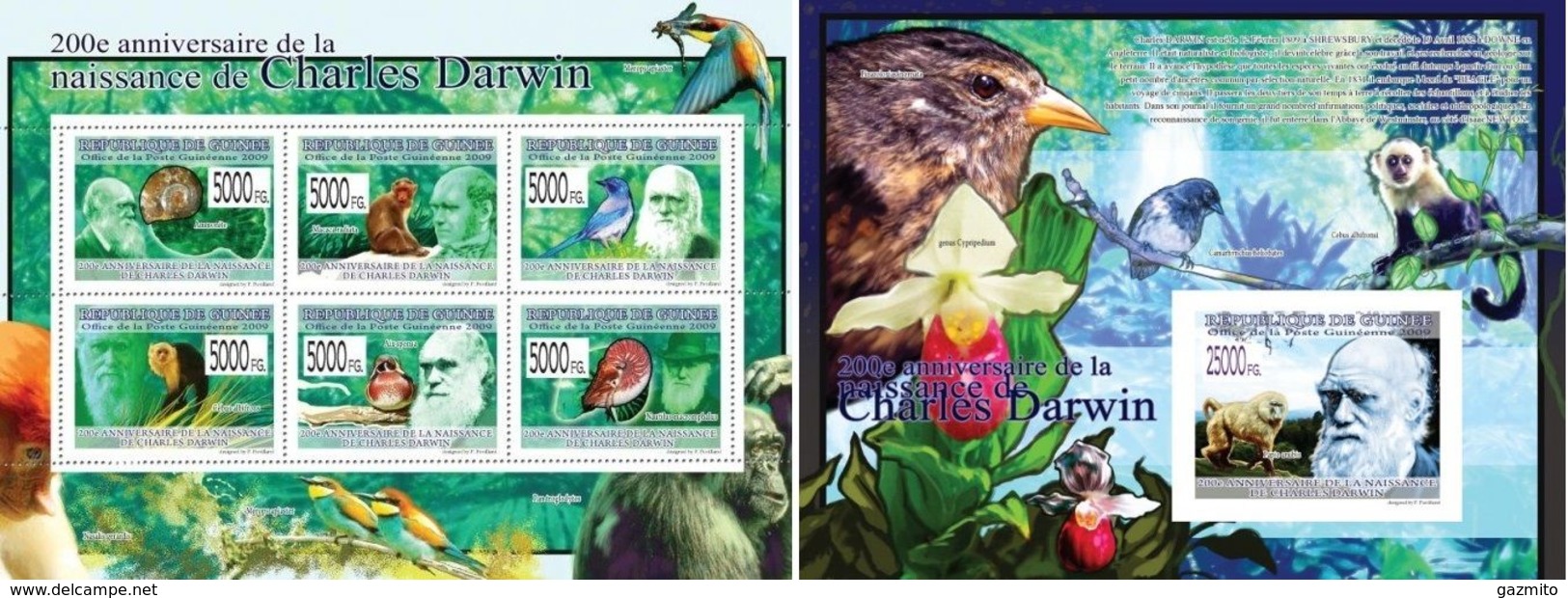 Guinea 2009, 200th Darwin II, Monkeys, Birds, Orchids, 6val In BF+BF - Other & Unclassified
