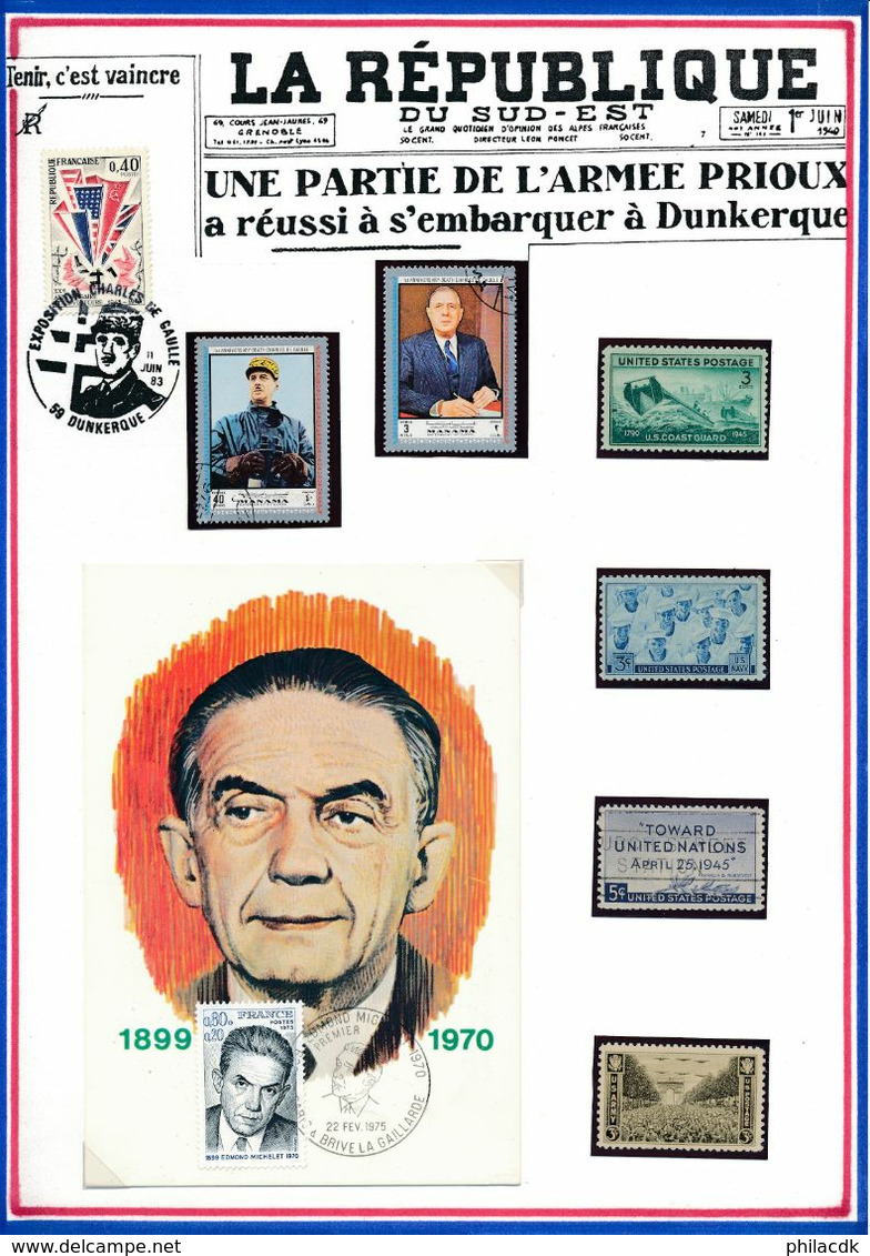 FRANCE - CARTE EDMOND MICHELET OBLI EDMOND MICHELET BRIVE LA GAILLARDE 22.02.75 + TIMBRES DIVERS DE GAULLE ET AUTRES.. - WW2