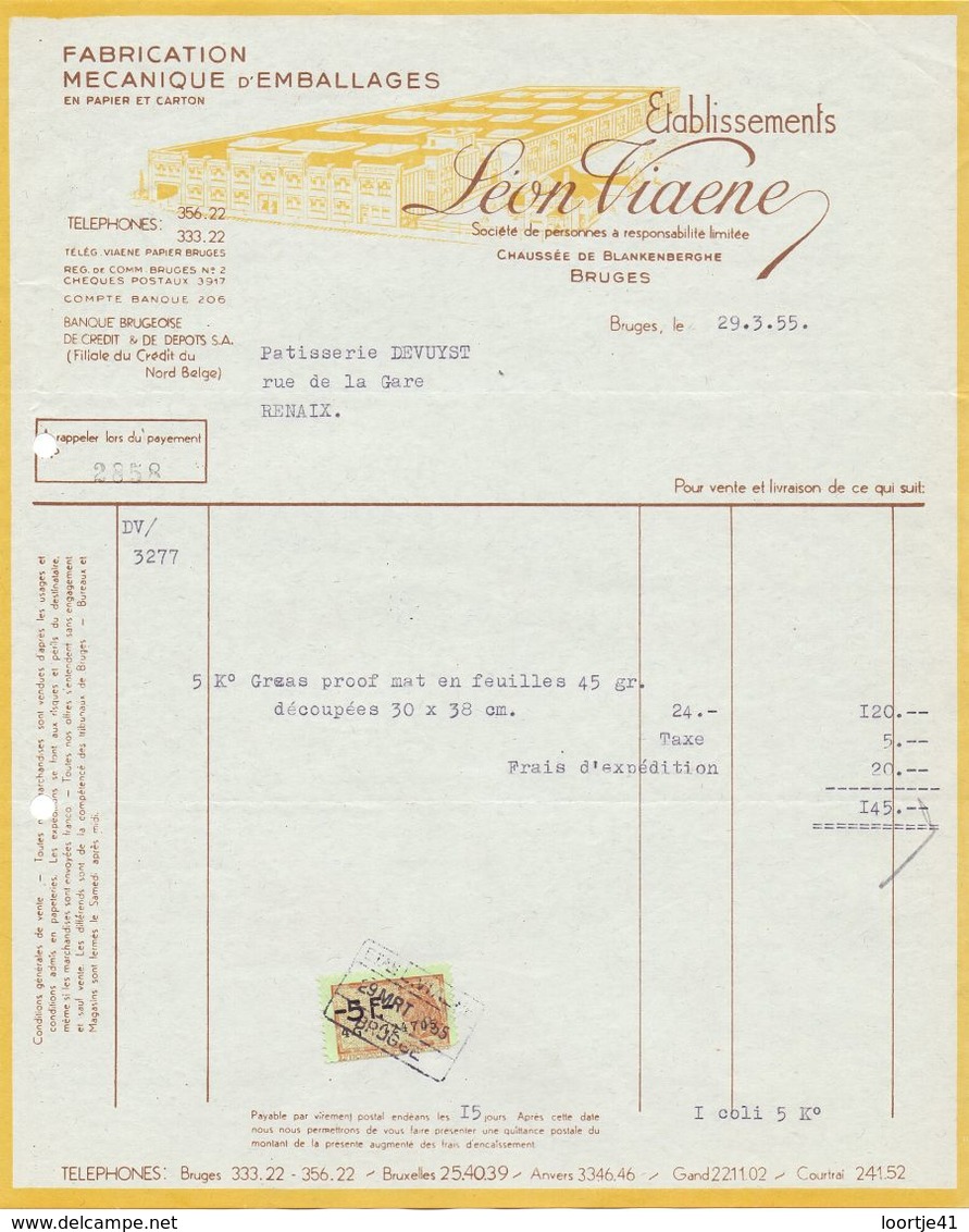 Factuur Facture - Fabrication D'emballages - Léon Viaene - Bruges Brugge - 1955 - Printing & Stationeries