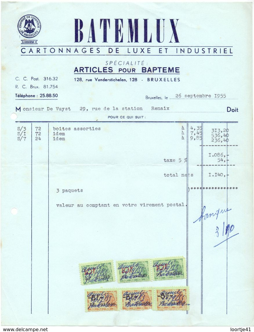 Factuur Facture - Cartonnages Batemlux  Bruxelles  - 1955 - Imprimerie & Papeterie