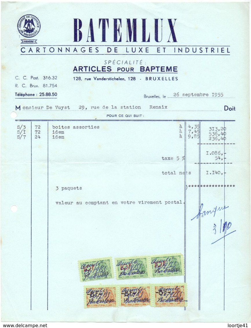 Factuur Facture - Cartonnages Batemlux  Bruxelles  - 1955 - Drukkerij & Papieren