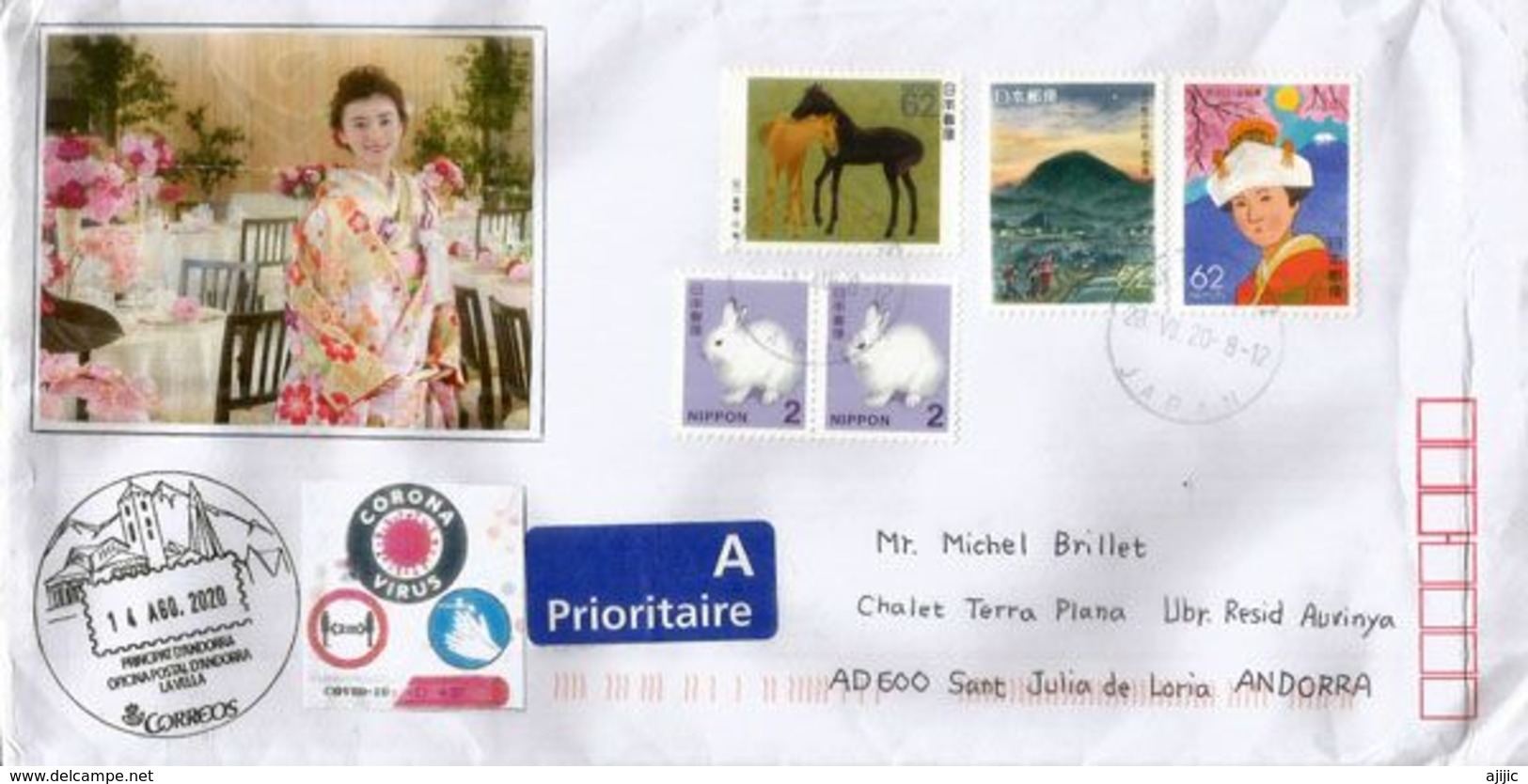 Letter 2020 From TOKYO Sent Andorra, During Lockdown COVID19, CORONAVIRUS W/ Local Prevention Sticker + Arrival Postmark - Lettres & Documents