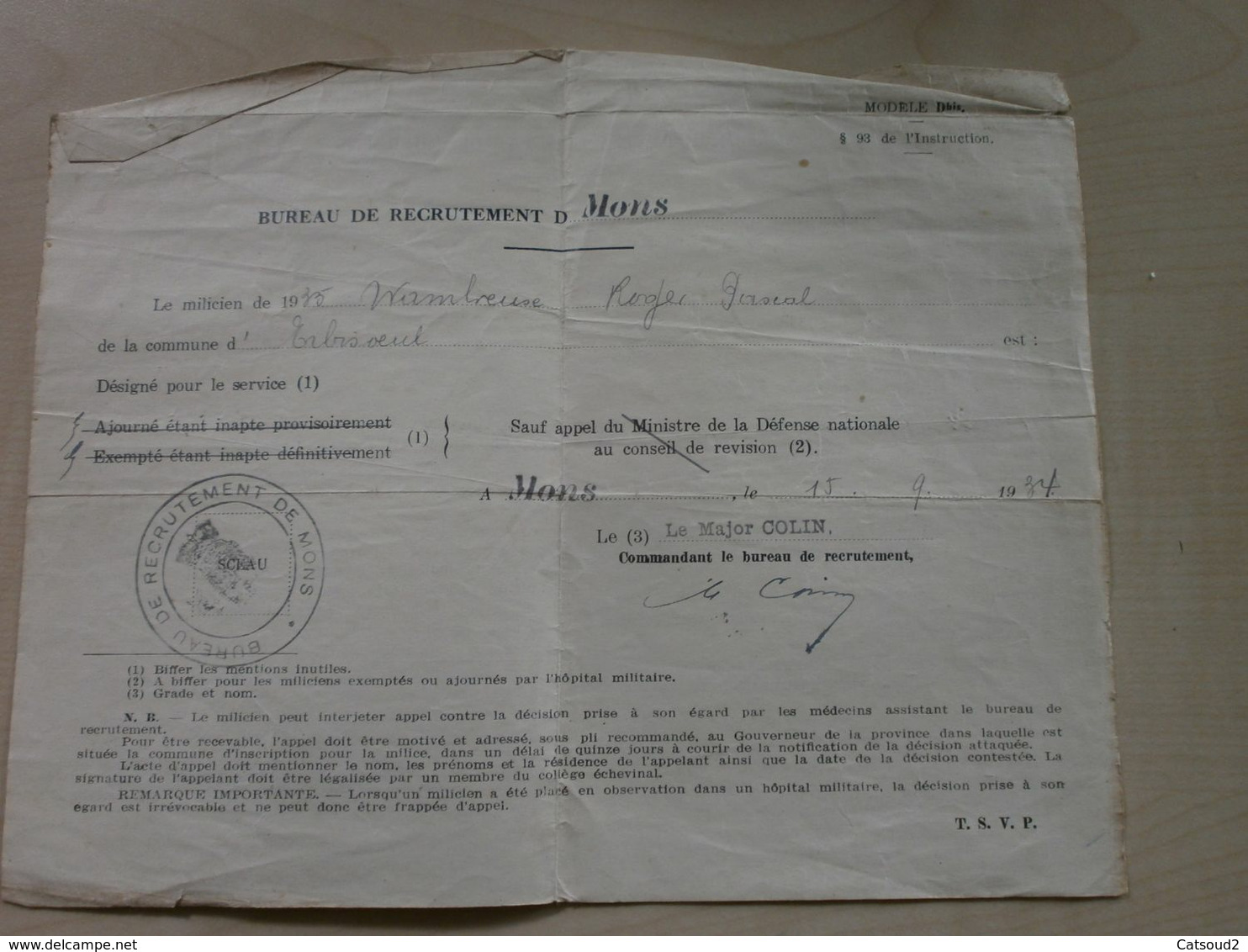 Ancien Document De Recrutement Pour Le Service 1934 MONS - Other & Unclassified