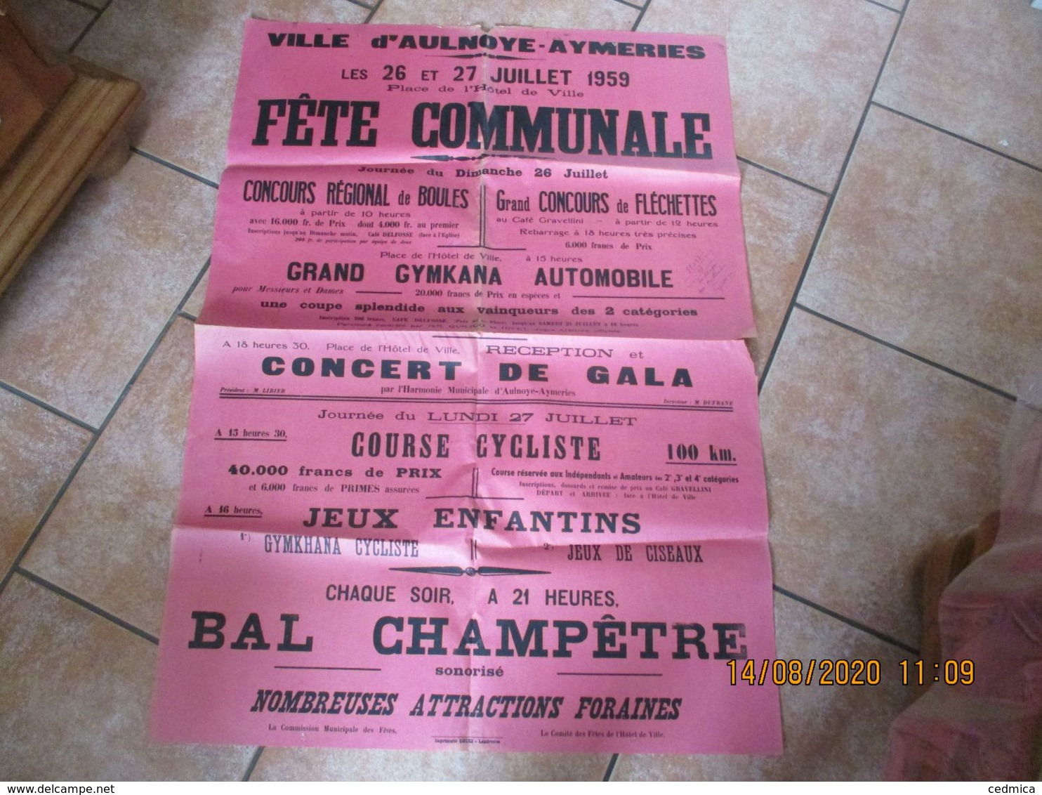 AULNOYE-AYMERIES FÊTE COMMUNALE LES 26 ET 27 JUILLET 1959  BOULES,FLECHETTES,GYMCANA AUTOMOBILE,COURSE CYCLISTE 110/80 - Plakate