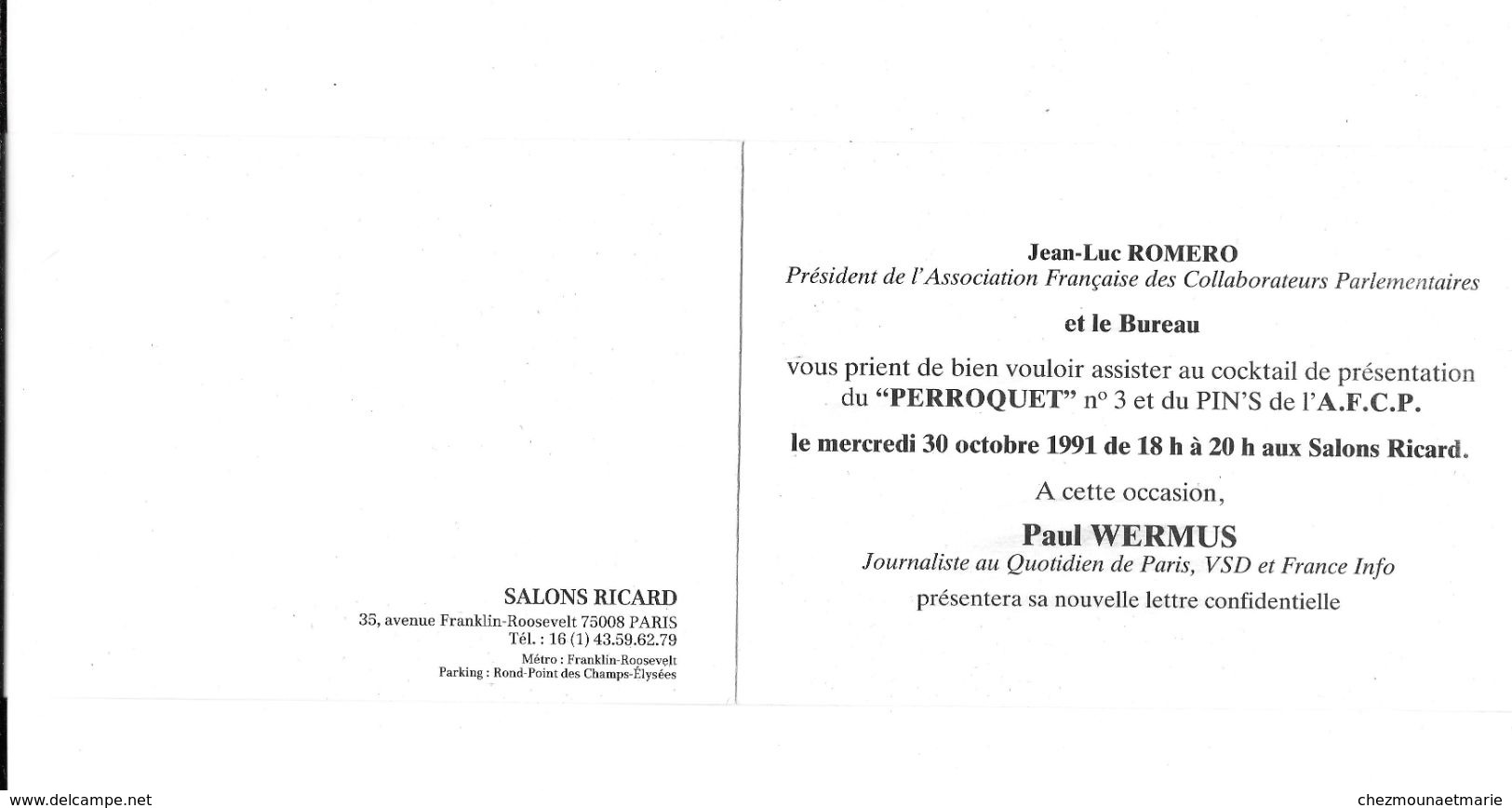 RICARD JEAN LUC ROMERO INVITATION COCKTAIL PERROQUET 1991 PAUL WERMUS JOURNALISTE - Advertising