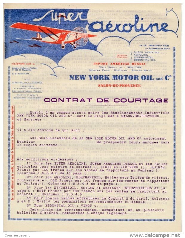 2 En-Têtes "Super Aéroline" New-York Motor Oil And Co - Salon De Provence (B Du R) - Format 21cm X 27cm - Advertising