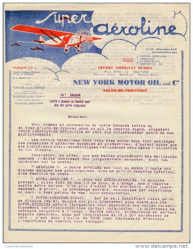 2 En-Têtes "Super Aéroline" New-York Motor Oil And Co - Salon De Provence (B Du R) - Format 21cm X 27cm - Advertising