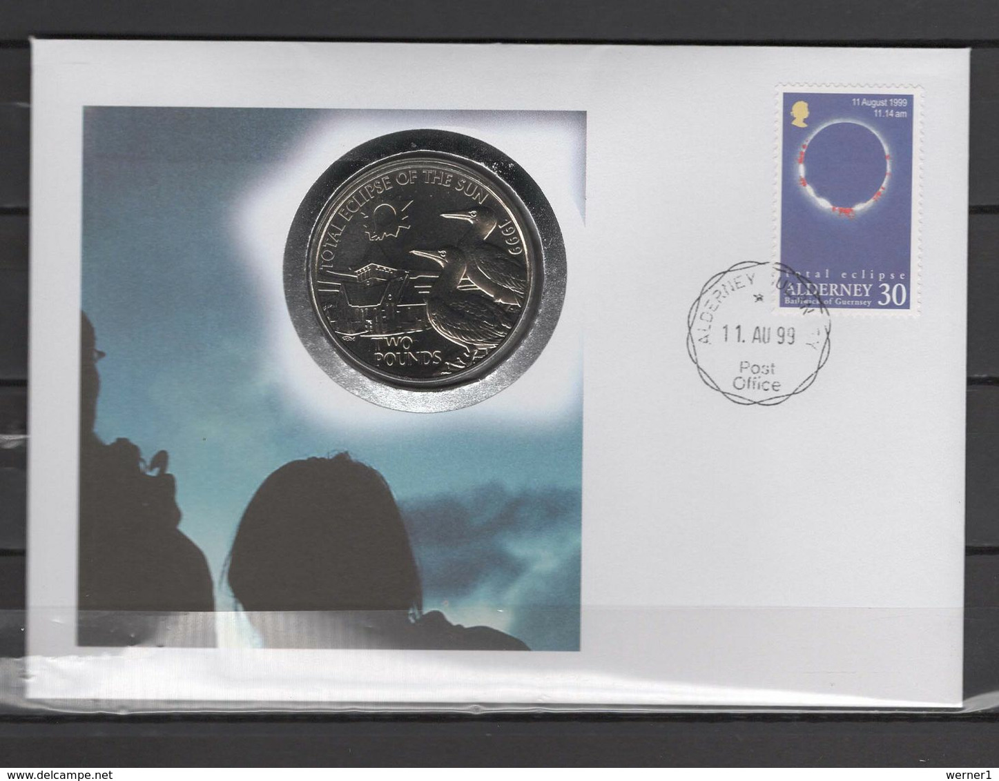 Alderney 1999 Space, Solar Eclipse Numismatic Cover With 2 Pound Coin - Europa