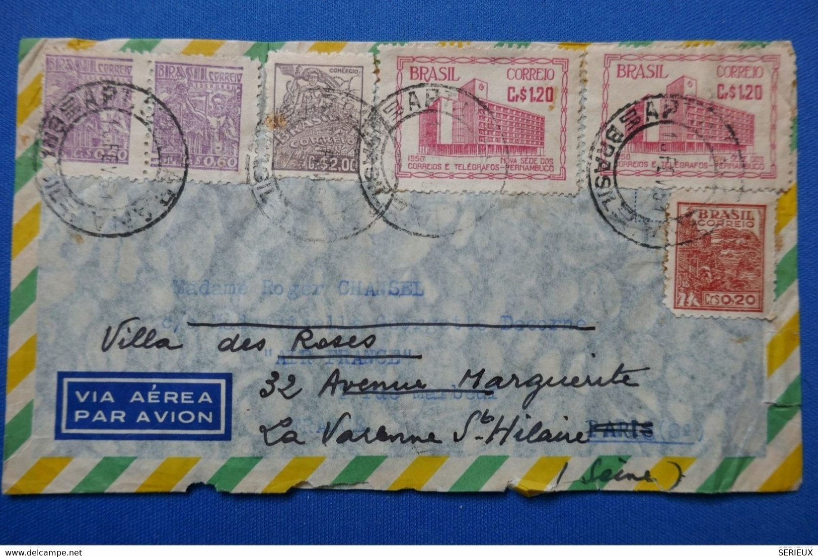 61 BRESIL 1951 BELLE LETTRE POUR PARIS AVEC UNE PAIRE . PAR AVION - Lettres & Documents