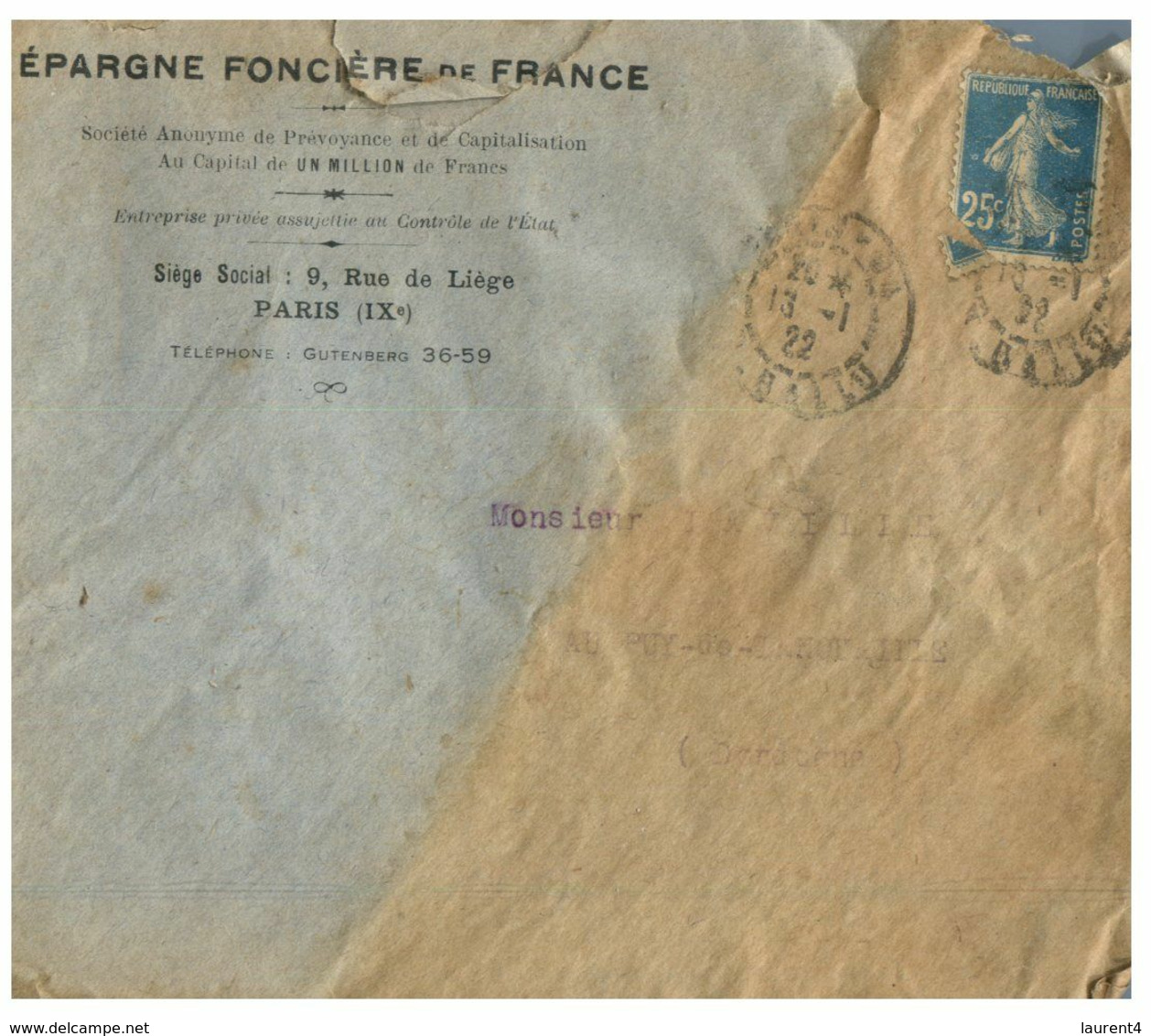 (G 3) France Cover (very Old / Condition As Seen On Scan) 1922 - From Epargne Foncière De France - Cartas & Documentos