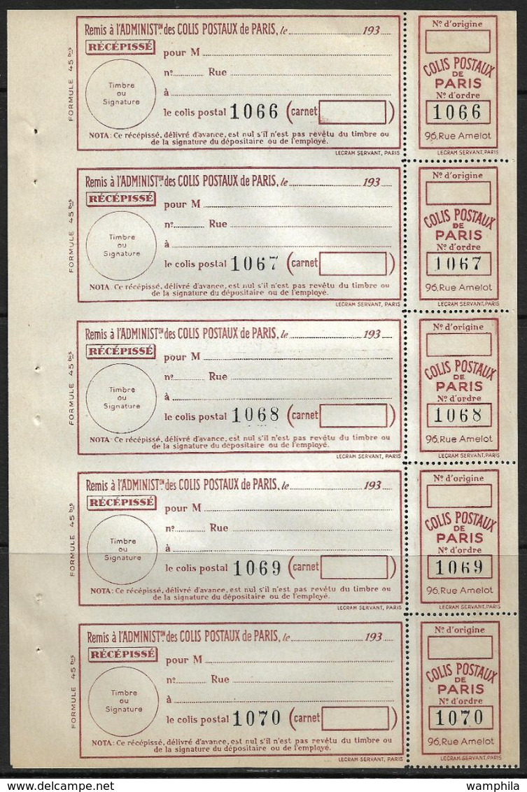 France Colis P. De Paris Pour Paris N°162** Une Feuille De 5. Cote 175€ - Nuevos