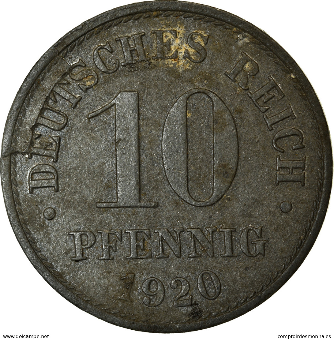 Monnaie, GERMANY - EMPIRE, 10 Pfennig, 1920, Berlin, Error Die Break, TB+, Zinc - 10 Rentenpfennig & 10 Reichspfennig