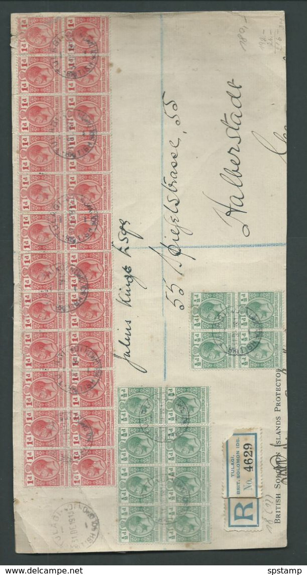 British Solomon Islands 1918 Large Regist'd Cover Front To Germany With 24 KGV 1d & 12 X 1/2d In Blocks Tied Tulagi Cds - Iles Salomon (...-1978)