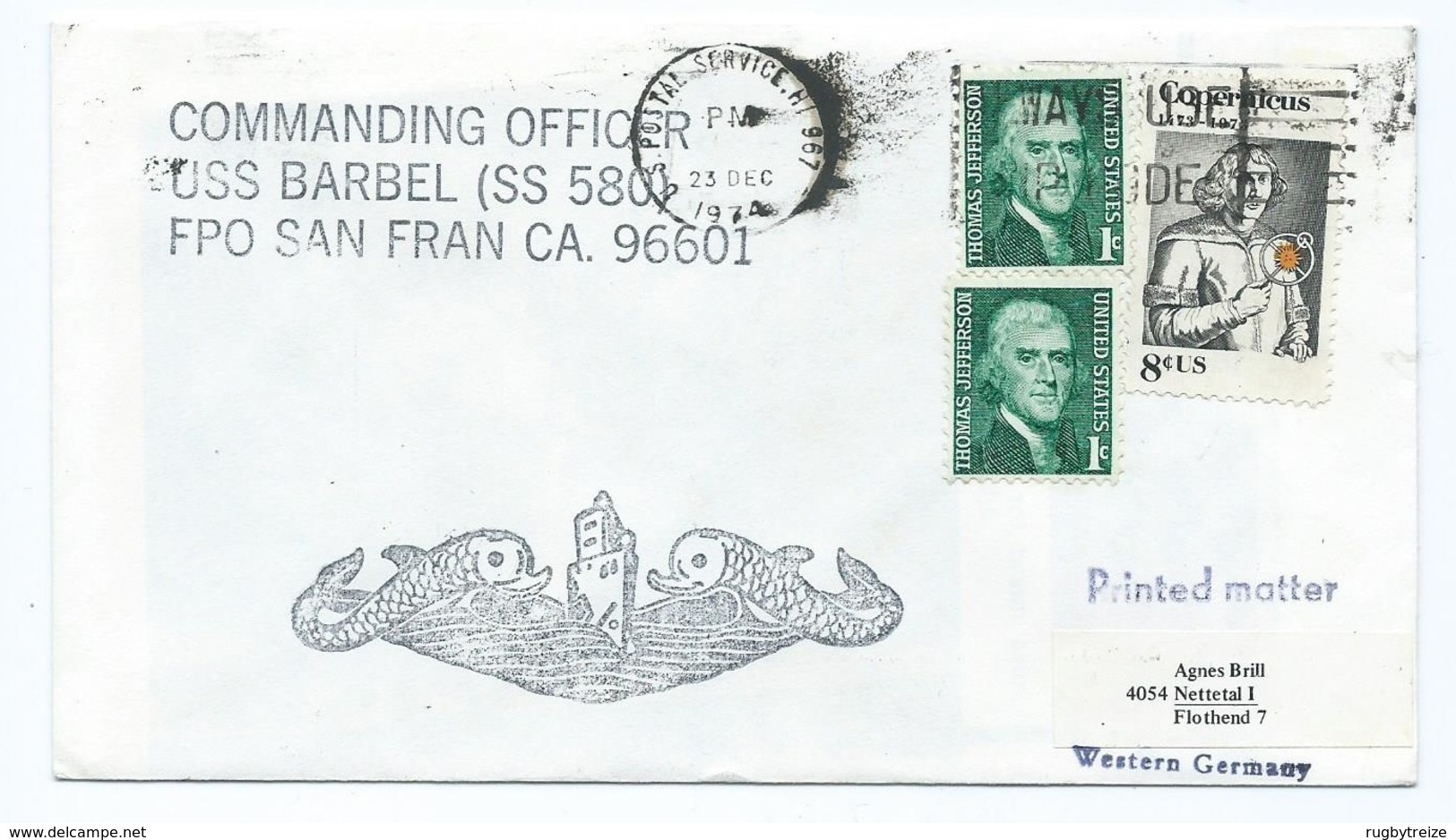 3275 - Enveloppe US NAVY USS BARBEL SS 580 Rare Sous Marin Submarine 1974 San Francisco Copernicus - Sobres De Eventos