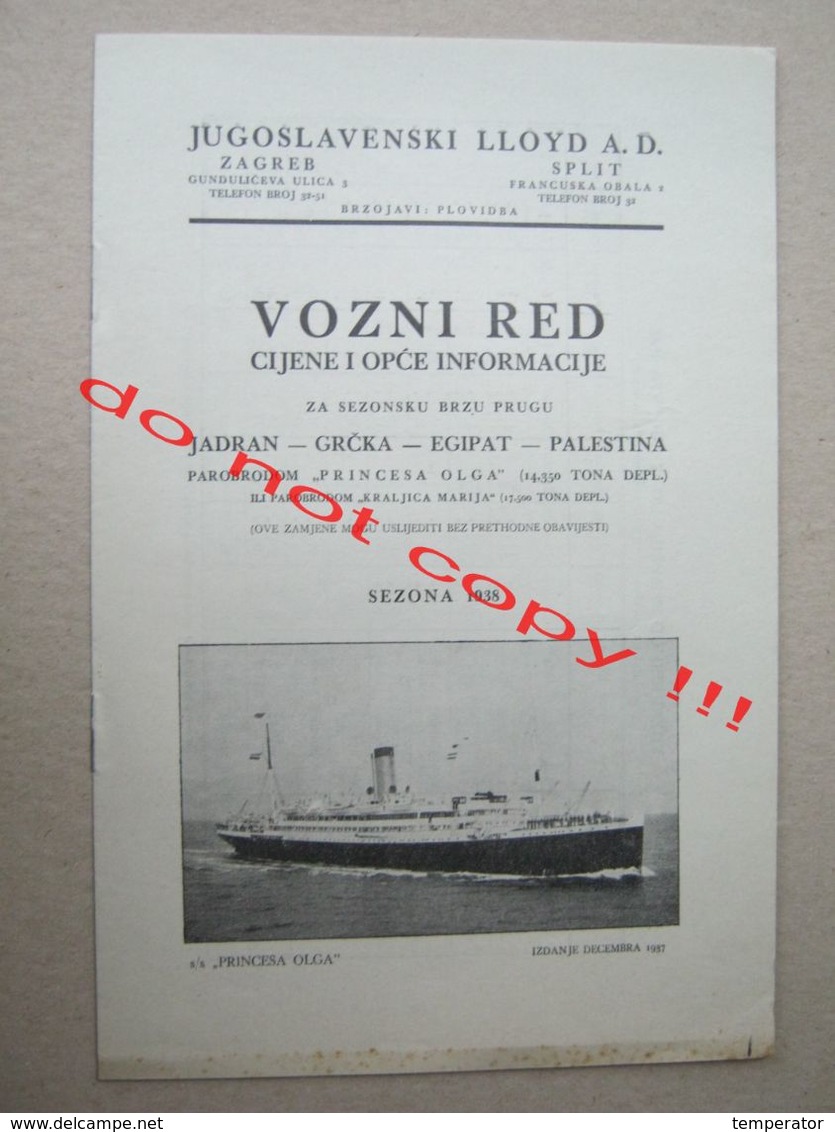 Judaica / JUGOSLAVENSKI LLOYD A.D. Steamship "PRINCEZA OLGA ": ADRIATIC - GREECE - EGYPT - PALESTINE With Price ( 1938 ) - Europa