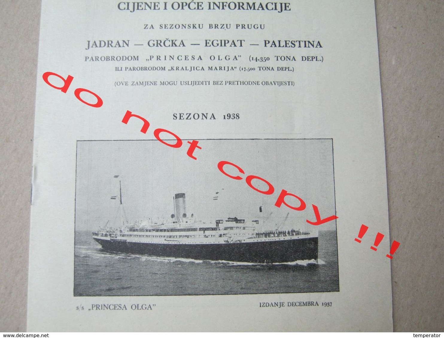 Judaica / JUGOSLAVENSKI LLOYD A.D. Steamship "PRINCEZA OLGA ": ADRIATIC - GREECE - EGYPT - PALESTINE With Price ( 1938 ) - Europe