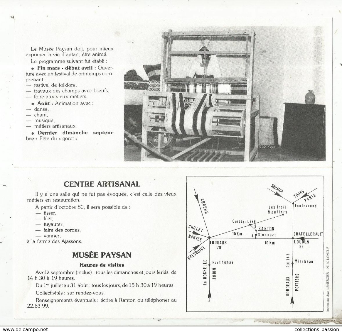 Dépliant Touristique , Musée Paysan Des AJASSONS De La DIVE , RANTON ,Vienne, 6 Pages, 1980, Frais Fr 1.75.e - Tourism Brochures