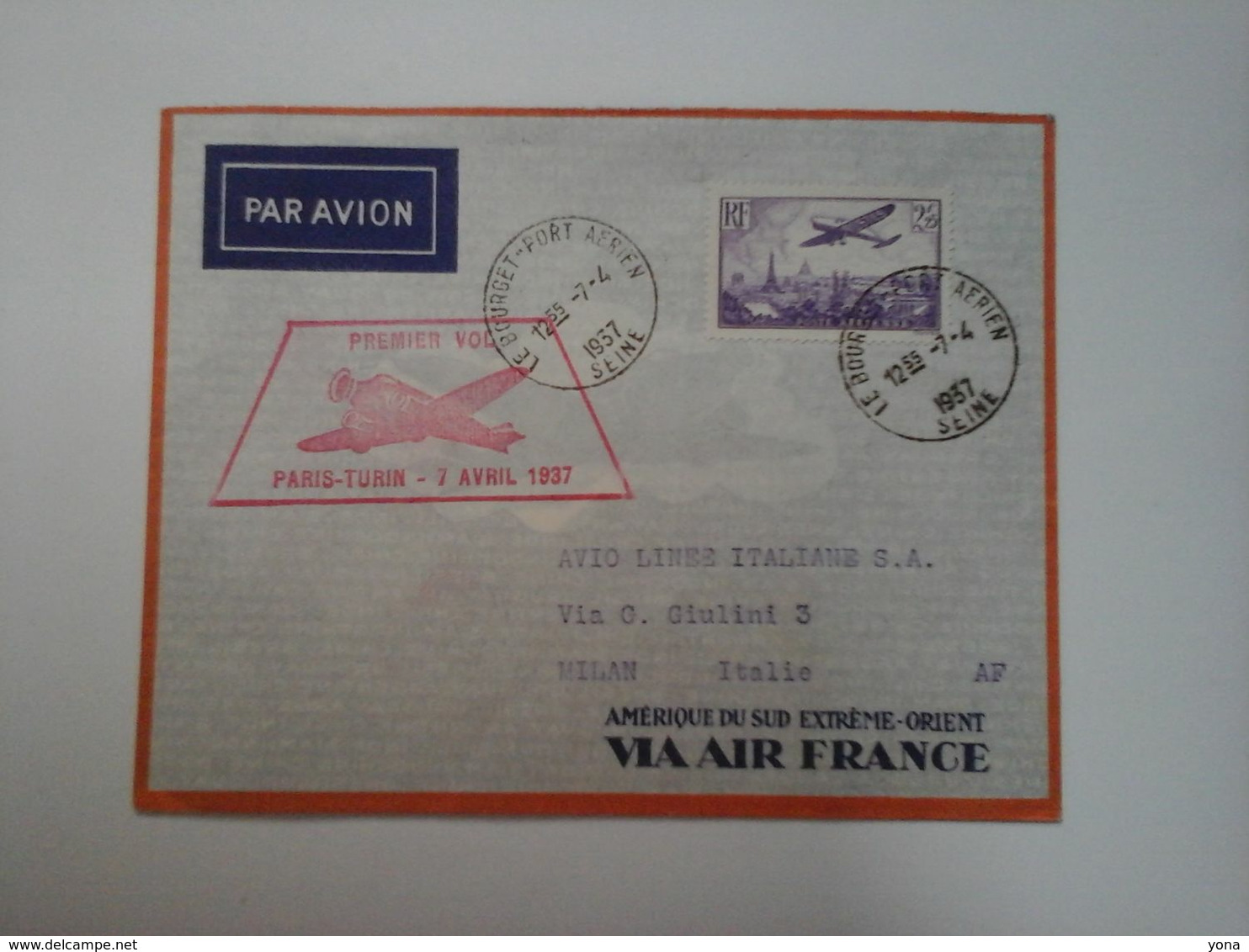 LETTRE POSTE AÉRIENNE PREMIER VOL PARIS TURIN 1937 OBLITÉRATION No 10  LE BOURGET PORT AERIEN - First Flight Covers