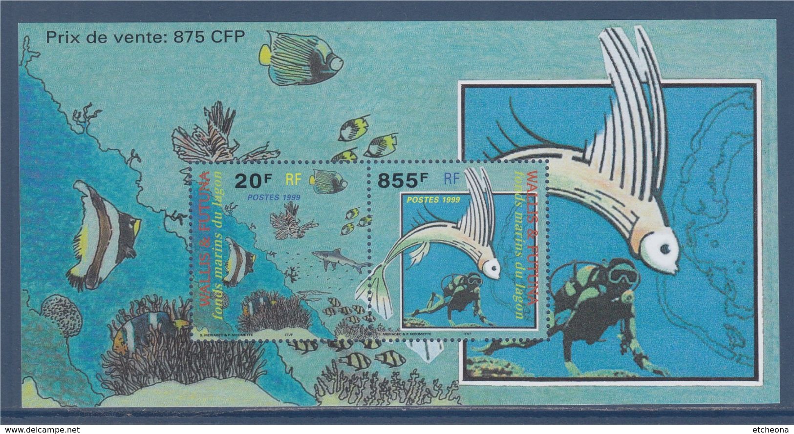 Bloc Neuf 2 Timbres Wallis Et Futuna Fond Marin Du Lagon Poissons Plongeur Bloc8 Timbres Non Numérotés Individuellement - Hojas Y Bloques