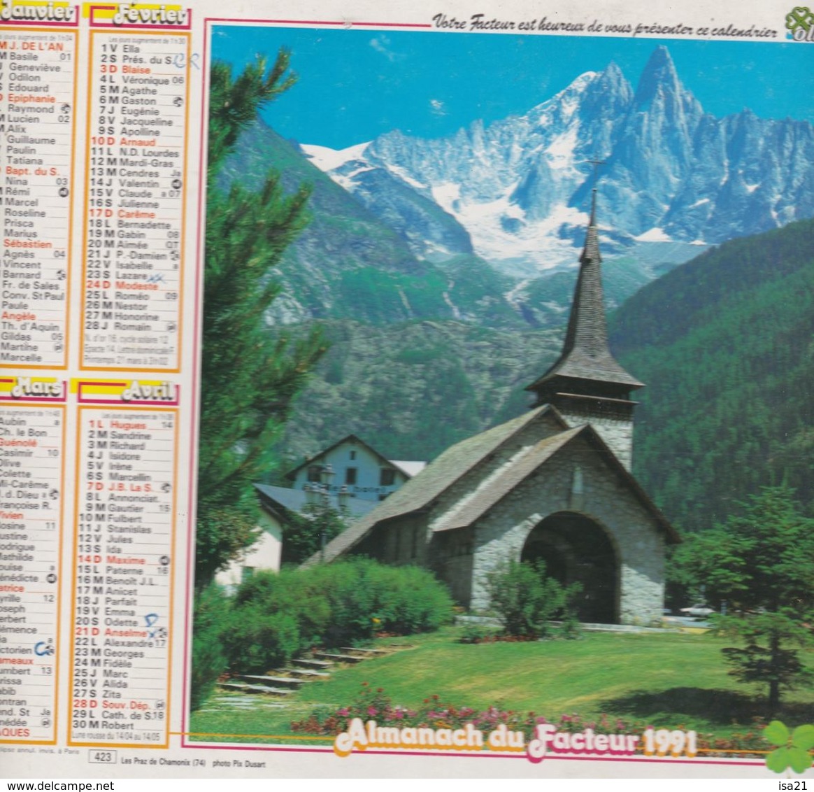 Almanach Du Facteur, Calendrier De La Poste, 1991, SEINE-MARITIME, Les Praz De Chamonix Hte Savoie, - Grand Format : 1991-00