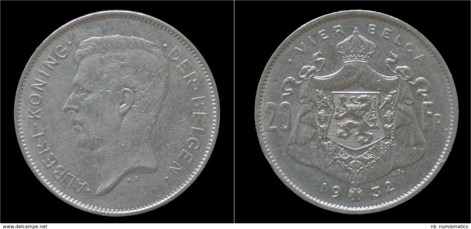Belgium Albert I 20 Frank (4belga) 1932-VL-pos B - 20 Francs & 4 Belgas