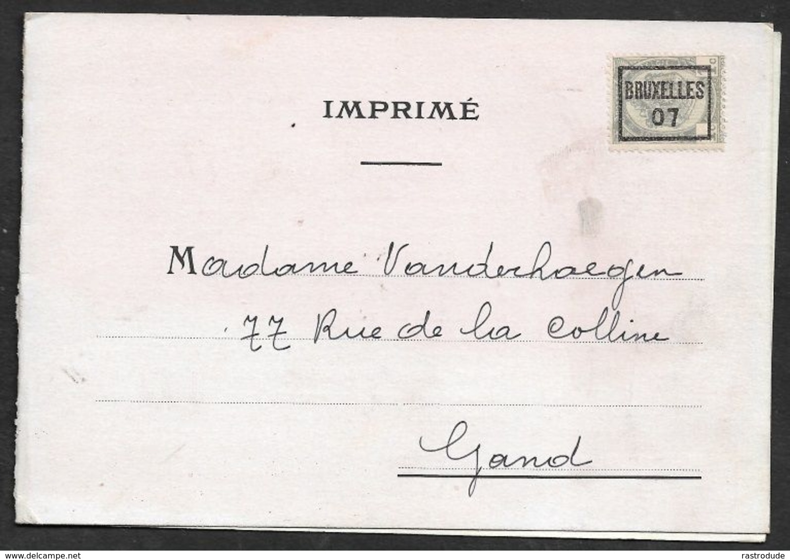 1907 BELGIQUE - IMPRIMÉ PRÉOBLITÉRÉ 1c BRUXELLES  A GAND  - FOURRURES EN GROS, PHILIPP NORDEN - Rolstempels 1900-09
