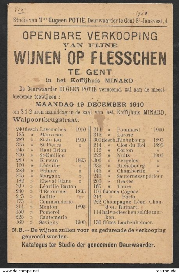 1910 BELGIQUE - IMPRIMÉ PRÉOBLITÉRÉ 1c BRUXELLES  A GAND  - FIJNE WIJNEN OP FLESSCHEN - VIN, WINE, WEIN, VINO - Roller Precancels 1910-19