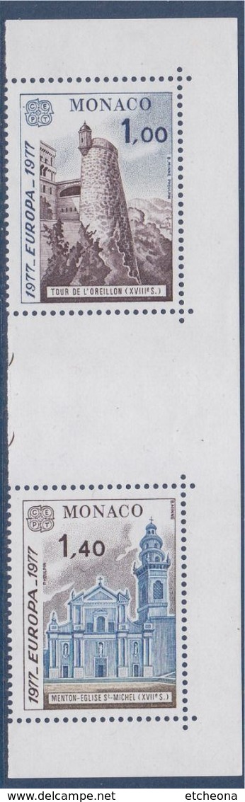 Europa 1977 Se Tenant Du Bloc N°13 Monuments 1101 Tour De L'Oreillon, Monaco 1102 Eglise Saint Michel, Menton - 1977