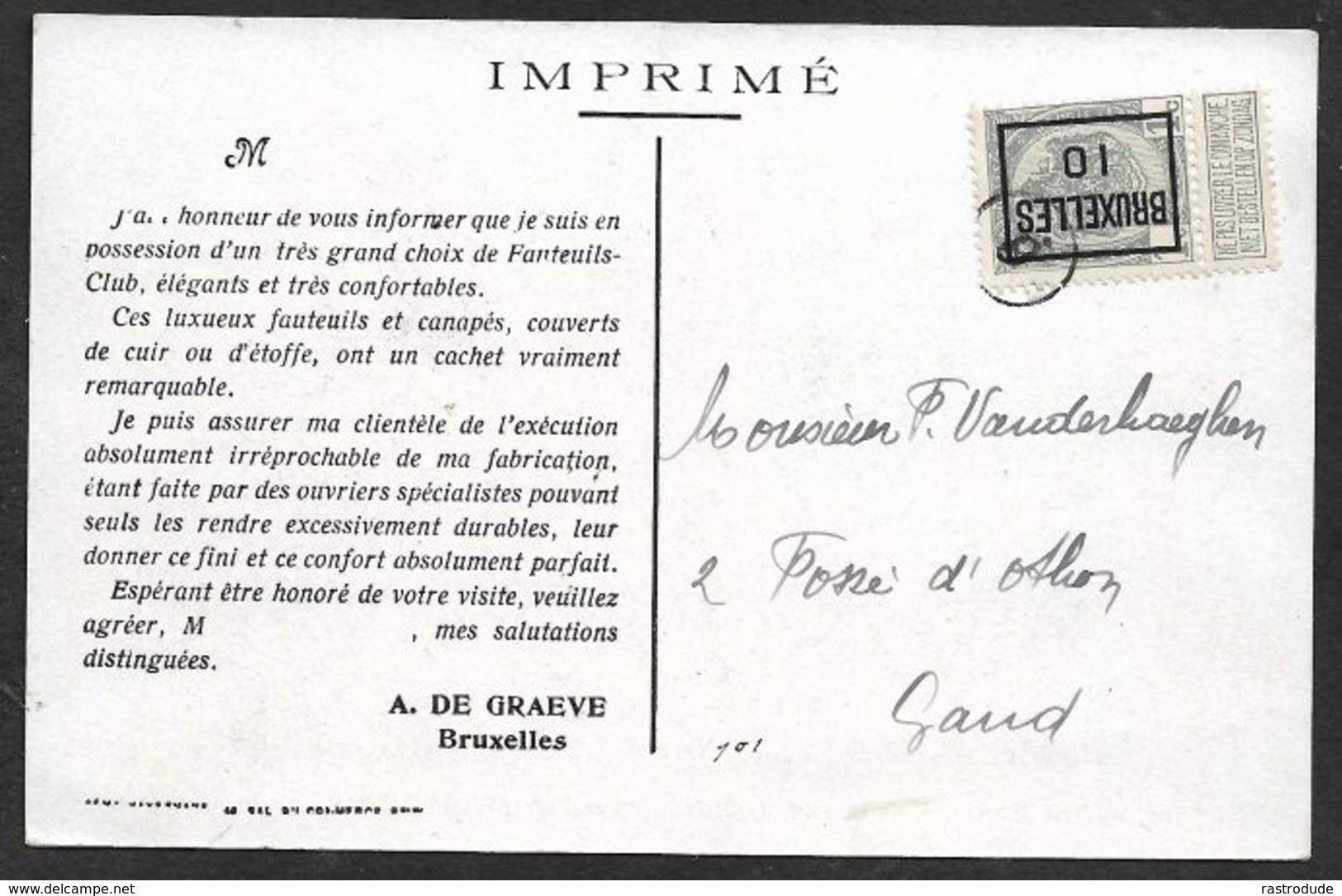 1910 BELGIQUE - IMPRIMÉ PRÉOBLITÉRÉ 1c BRUXELLES  A GAND  - LUXUEUX FAUTEUILS ET CANAPÉS - Rolstempels 1900-09
