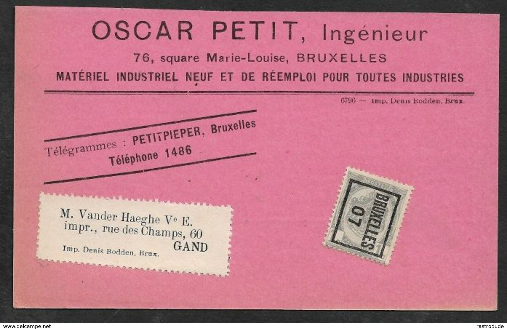 1907 BELGIQUE - IMPRIMÉ PRÉOBLITÉRÉ 1c BRUXELLES  A GAND  - OSCAR PETIT, INGÉNIEUR - Roller Precancels 1900-09