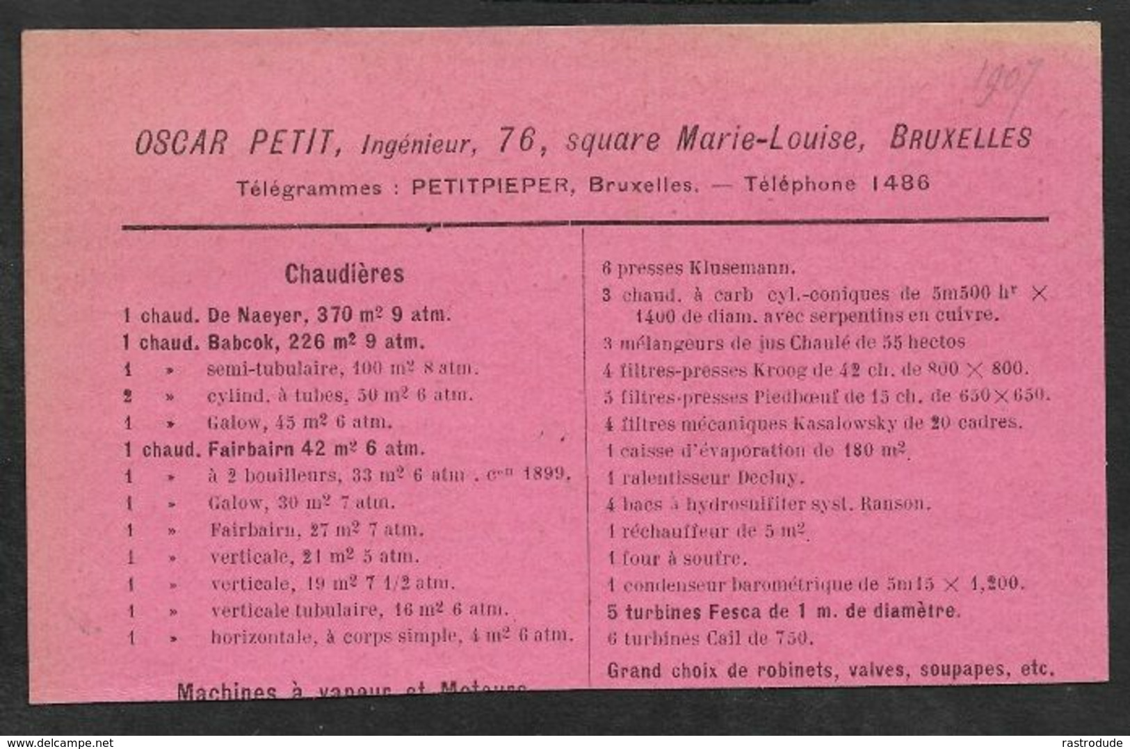 1907 BELGIQUE - IMPRIMÉ PRÉOBLITÉRÉ 1c BRUXELLES  A GAND  - OSCAR PETIT, INGÉNIEUR - Rolstempels 1900-09
