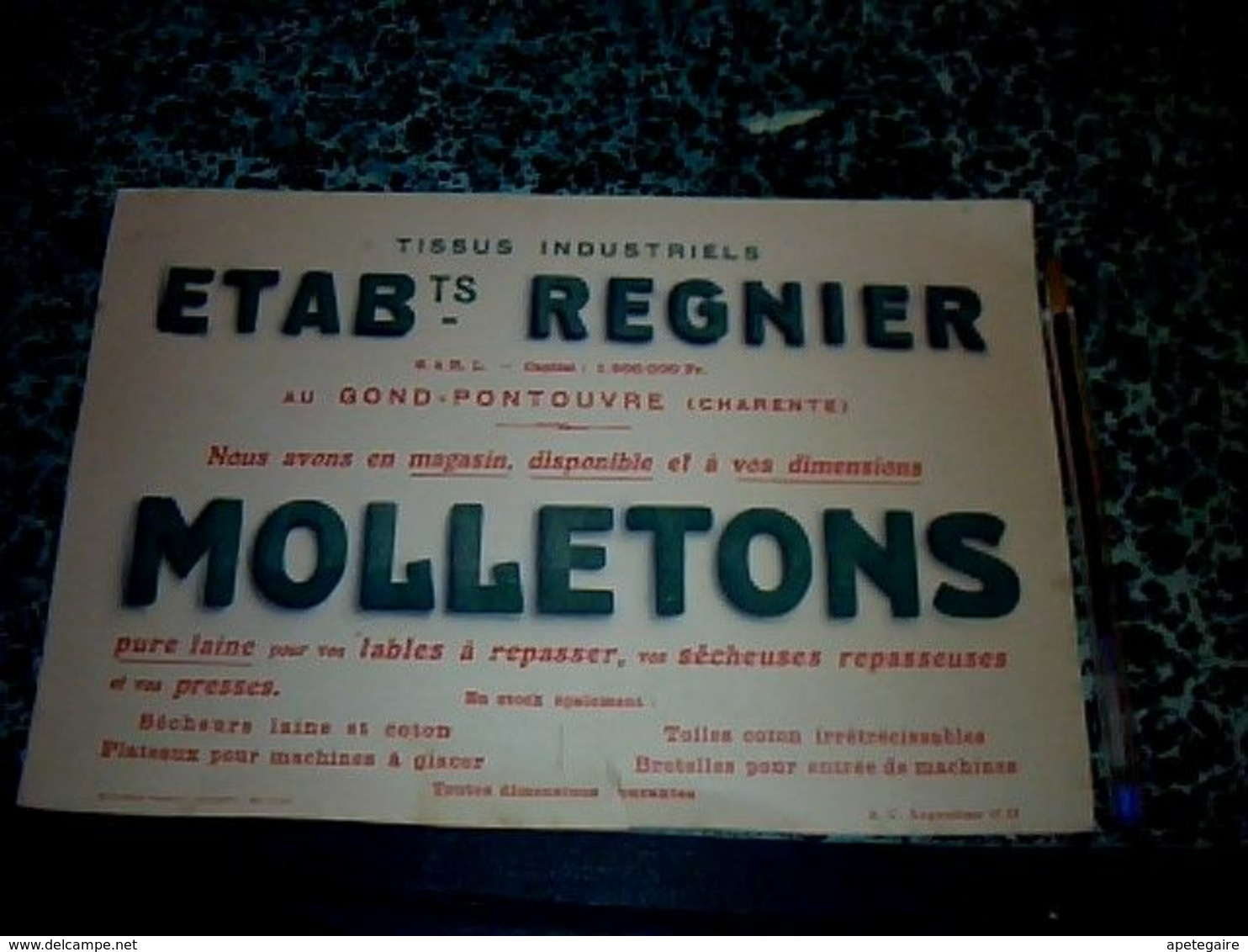 Publicité Buvard Tissus Industriels Etab. Regnier Molletons à Gond - Pontouvre (charente) - M