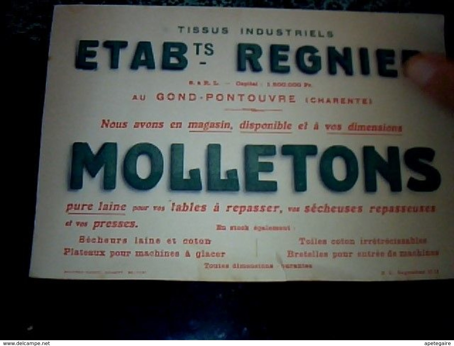 Publicité Buvard Tissus Industriels Etab. Regnier Molletons à Gond - Pontouvre (charente) - M