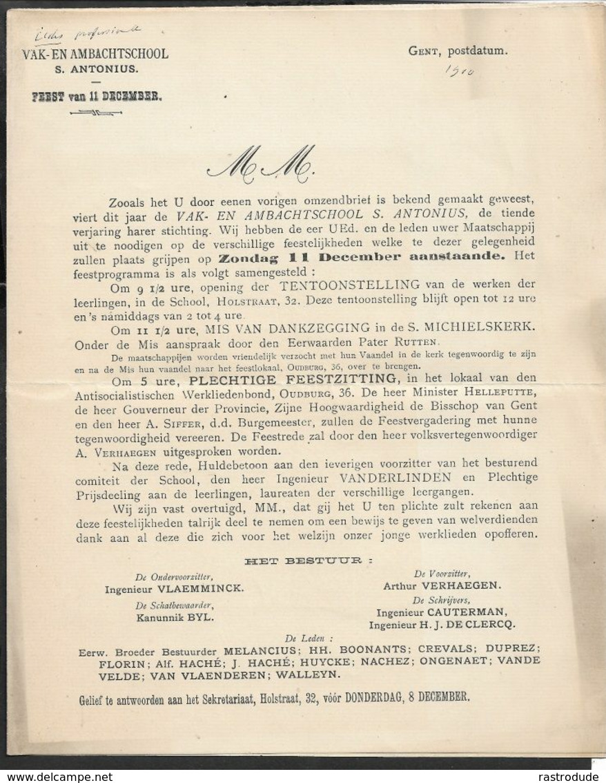 1910 BELGIQUE - IMPRIMÉ PREOB. 1c  GAND  - VAK-EN AMBACHTSCHOOL  S. ANTONIUS - FEEST 11 DECEMBER - Rolstempels 1900-09