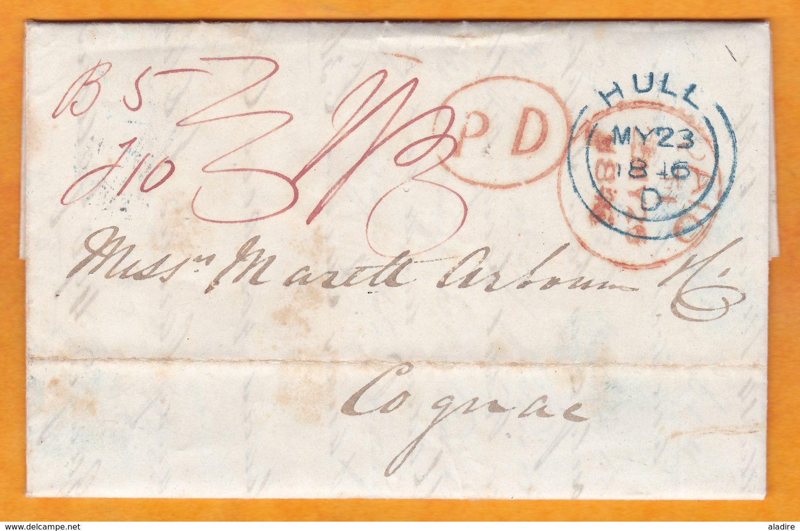 1846 - Lettre Pliée Avec Corresp 4 Pages En Anglais De HULL, Angleterre, GB Vers COGNAC, France Via Londres - Marcofilia