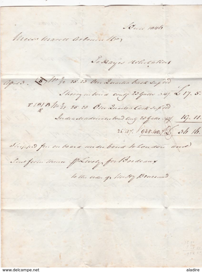 1846 - Lettre pliée avec corresp 4 pages en anglais de HULL, Angleterre, GB vers COGNAC, France via Londres