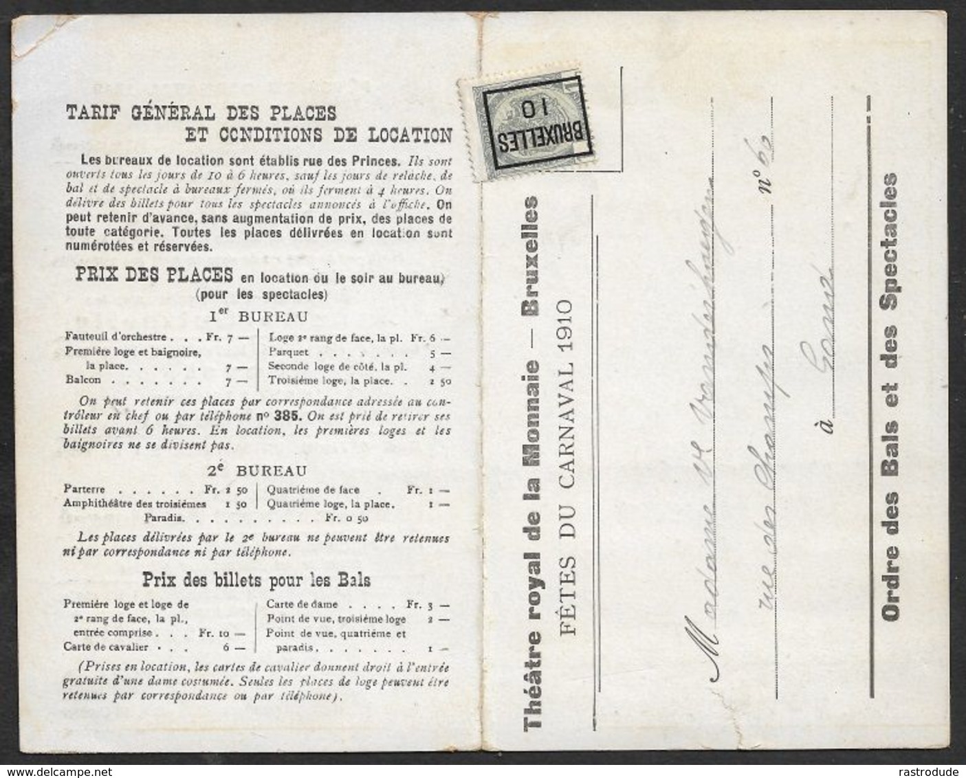 1910 BELGIQUE - IMPRIMÉ PREOB. 1c  A GAND  - FETES DU CARNAVAL 1910 - GRAND BAL MASQUÉ - THEATRE ROYAL DE LA MONNAIE - Rollenmarken 1900-09