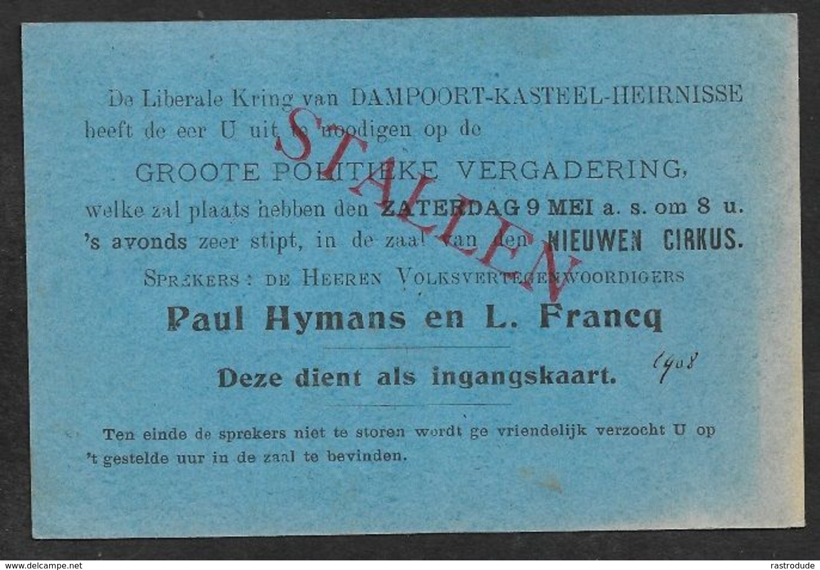 1908 BELGIQUE - IMPRIMÉ 1c  A GAND  - LIBERALE KRING VAN DAMPOORT-KASTEEL-HEIRNISSE - POLITIEKE VERGADERING - Roller Precancels 1900-09