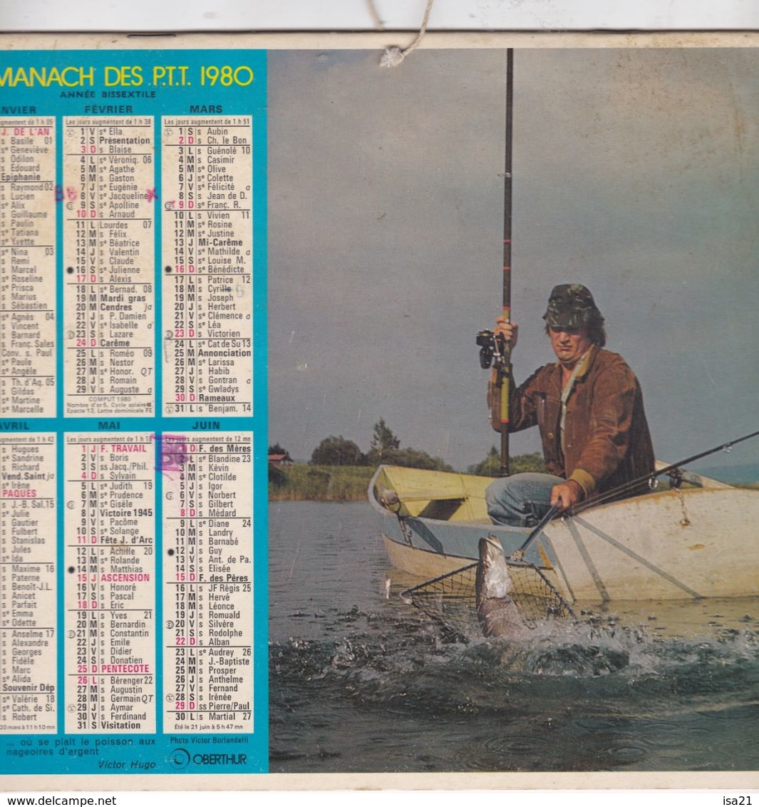 Almanach Du Facteur, Calendrier De La Poste, 1980, Côte D'Or, Pêcheurs Avec Leur Capture - Grand Format : 1971-80