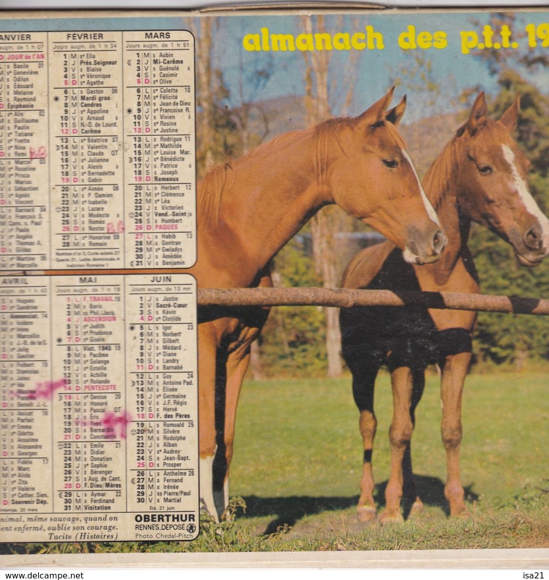 Almanach Du Facteur, Calendrier De La Poste, 1978, Côte D'Or, Chevaux , Petits Canards - Grand Format : 1971-80