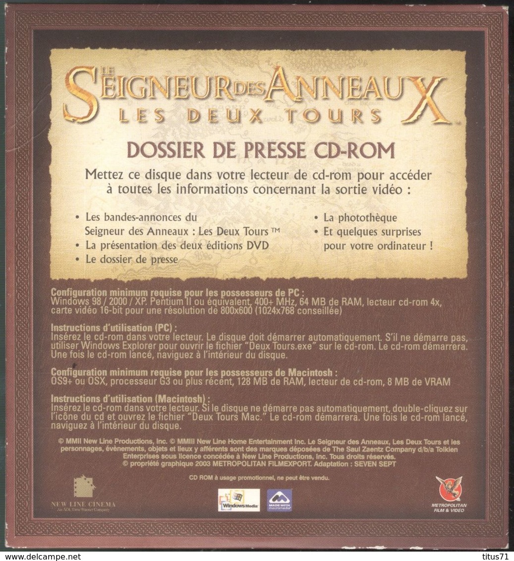 CD Rom Dossier De Presse " Le Seigneur Des Anneaux " - Les Deux Tours - 2002 - Autres Formats