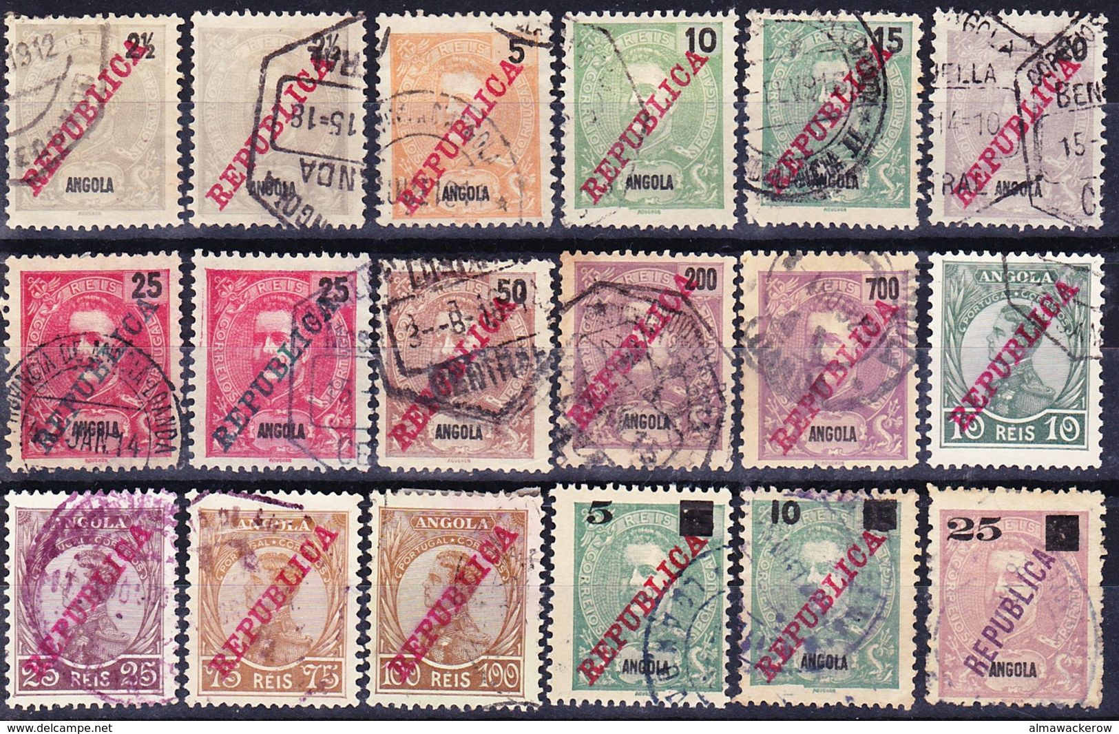 Angola 1911-1912 Lot REPUBLICA Overprint Definitives Incl. Af. 102, 110, 114, 115, 117 Used O - Angola